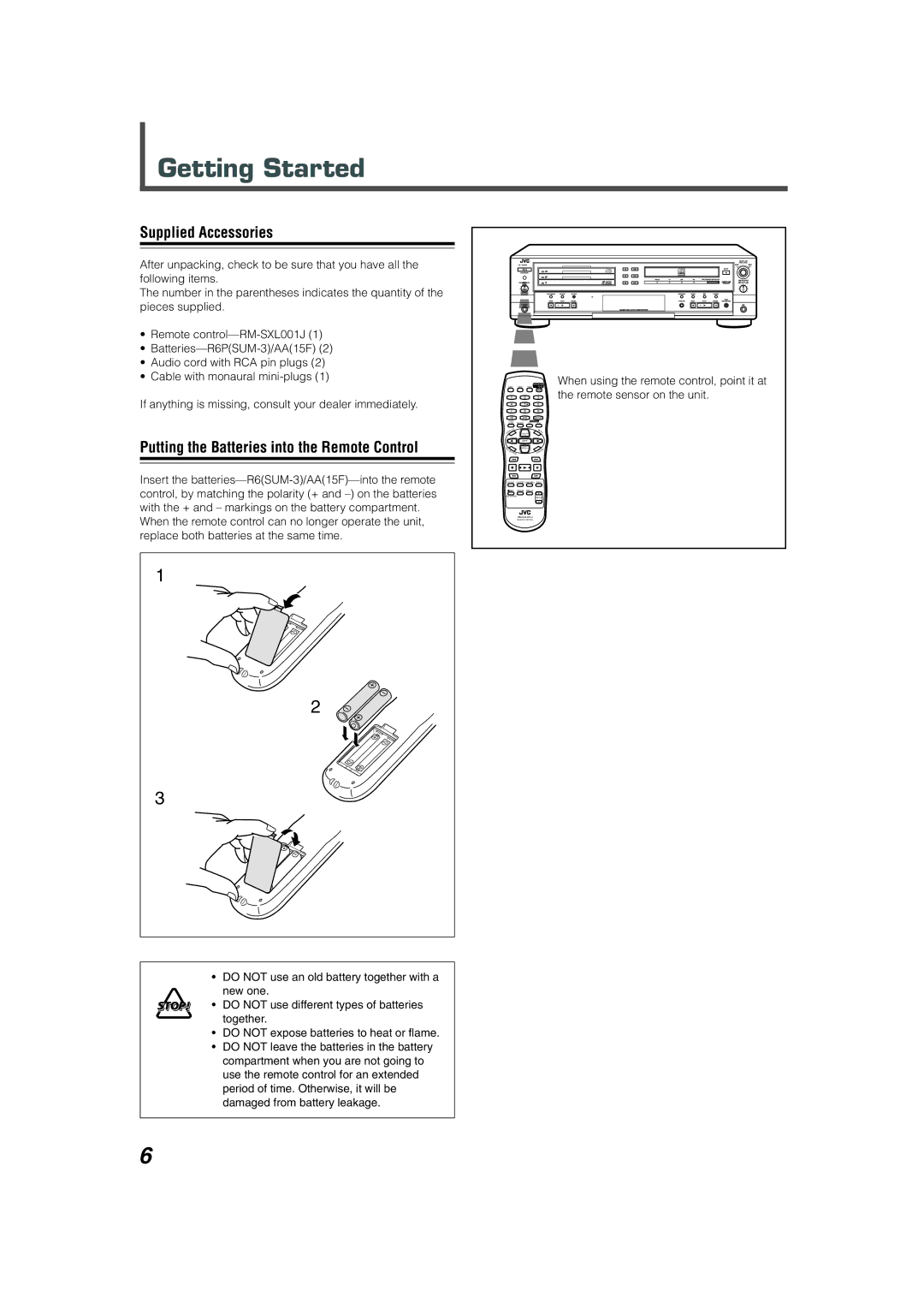 JVC XL-R5020BK manual Getting Started, Supplied Accessories, Putting the Batteries into the Remote Control 