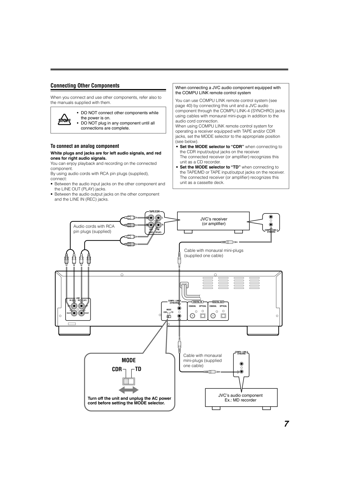 JVC XL-R5020BK manual Connecting Other Components, To connect an analog component 