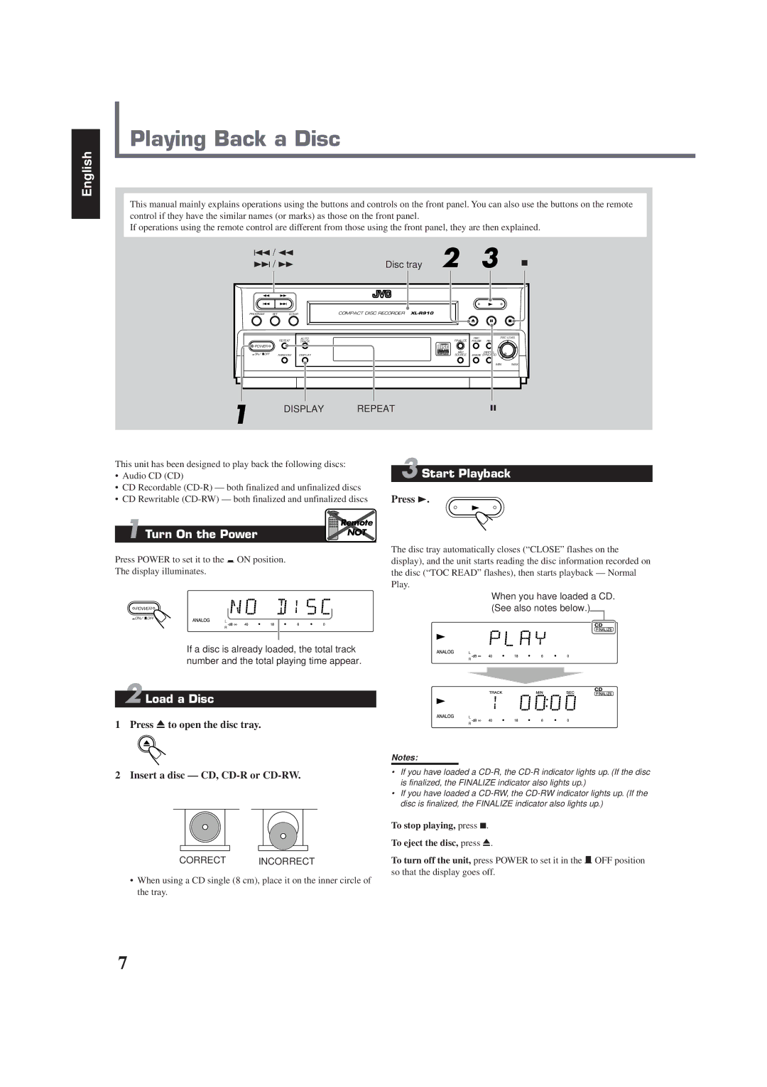 JVC XL-R910SL manual Playing Back a Disc, Turn On the Power, Start Playback, Load a Disc 