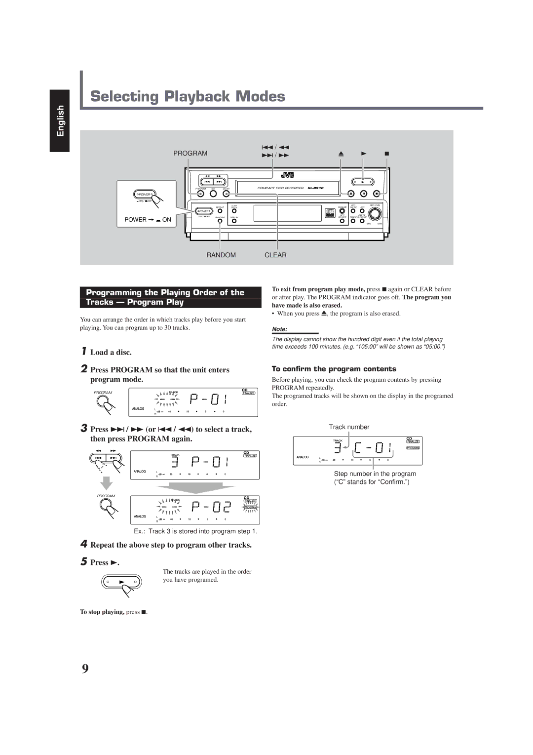 JVC XL-R910SL manual Selecting Playback Modes, Programming the Playing Order of the Tracks Program Play 