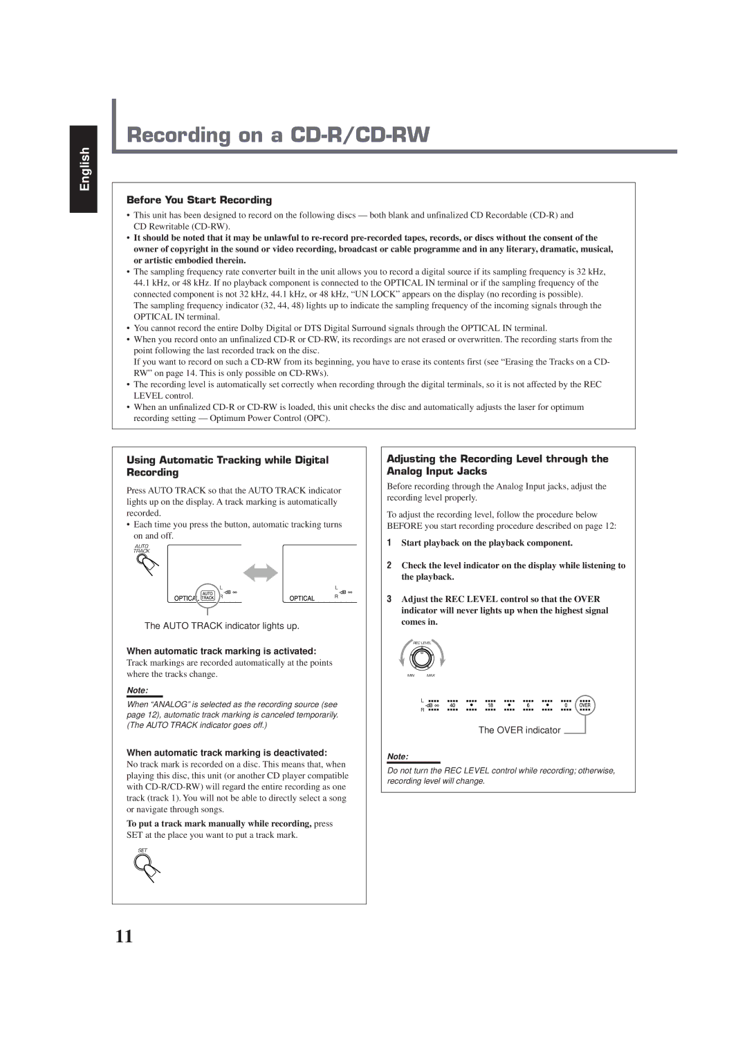 JVC XL-R910SL Recording on a CD-R/CD-RW, Before You Start Recording, Using Automatic Tracking while Digital Recording 