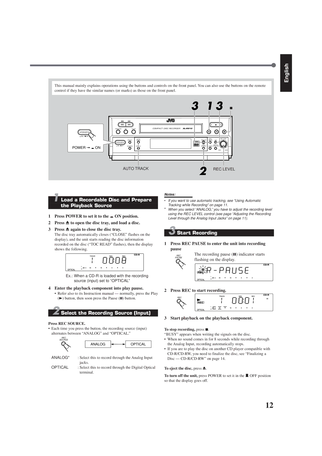 JVC XL-R910SL manual Load a Recordable Disc and Prepare Playback Source, Start Recording, Select the Recording Source Input 