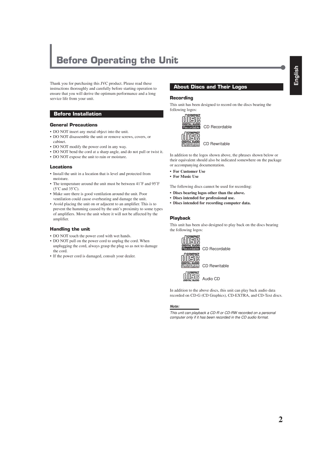 JVC XL-R910SL manual Before Operating the Unit, About Discs and Their Logos, Before Installation 