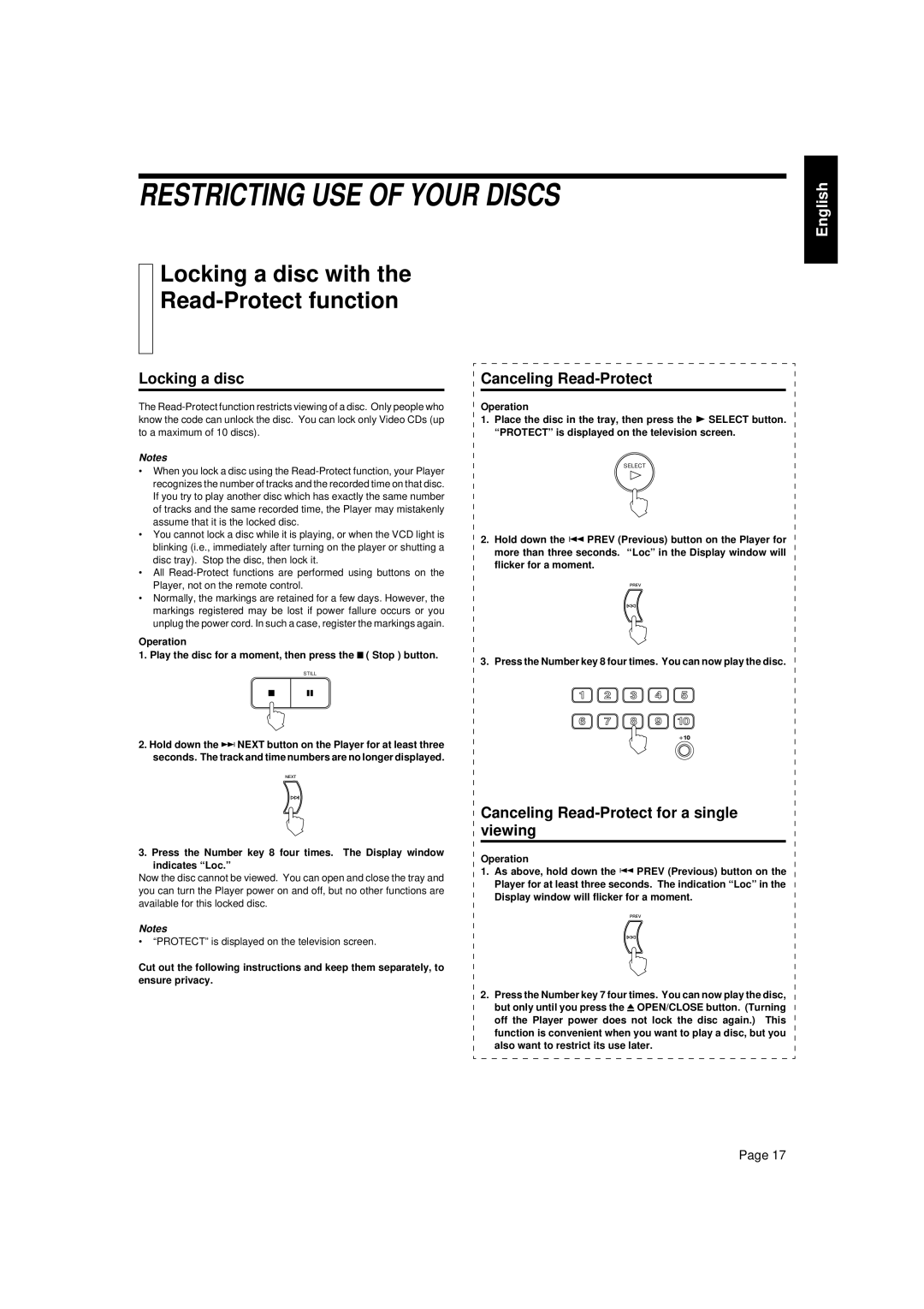 JVC LET0088-001A manual Restricting USE of Your Discs, Locking a disc with Read-Protect function, Canceling Read-Protect 