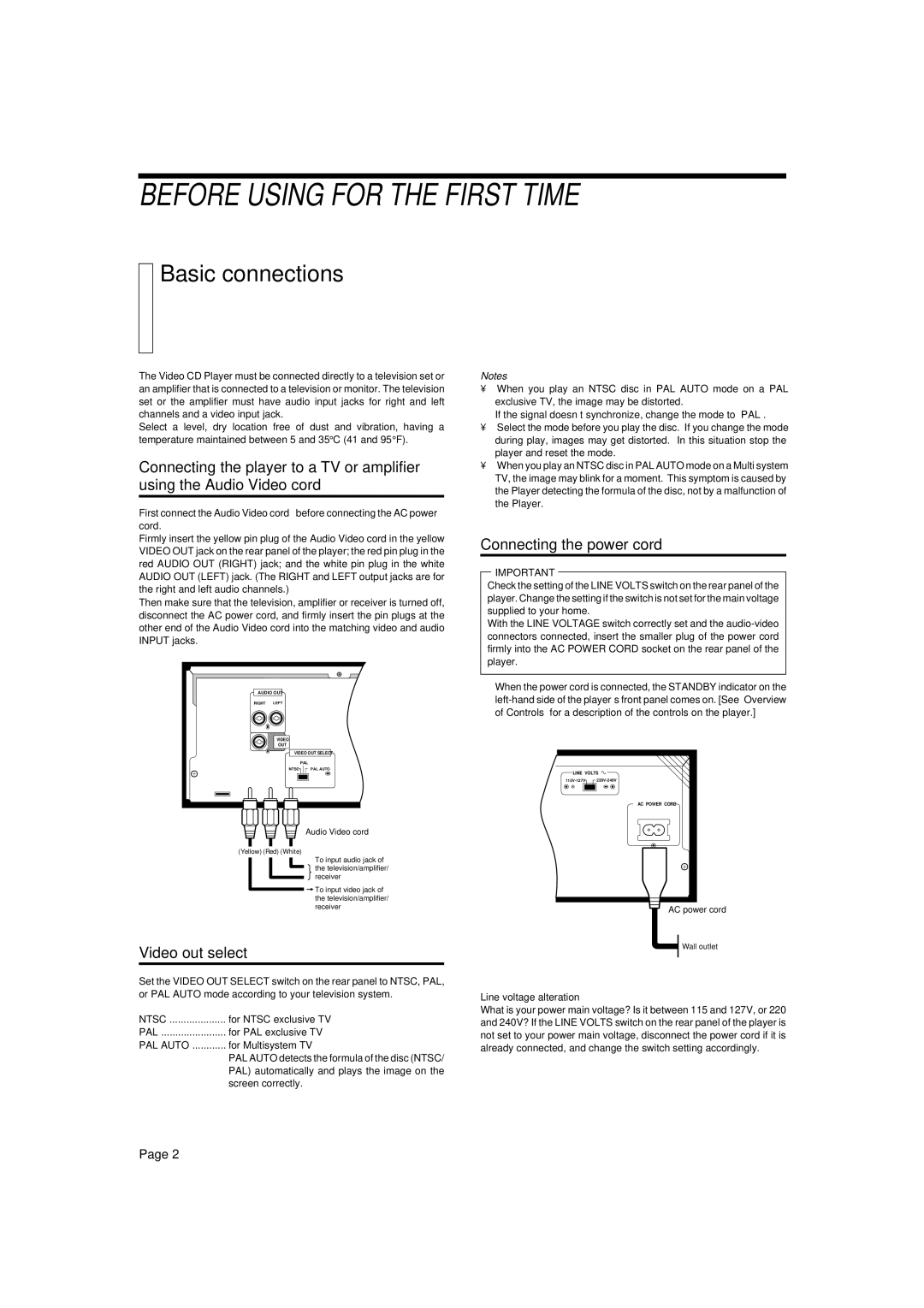 JVC XL-SV22BK manual Before Using for the First Time, Basic connections, Video out select, Connecting the power cord 