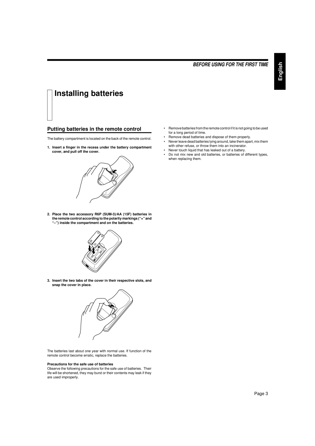 JVC LET0088-001A Installing batteries, Putting batteries in the remote control, Precautions for the safe use of batteries 