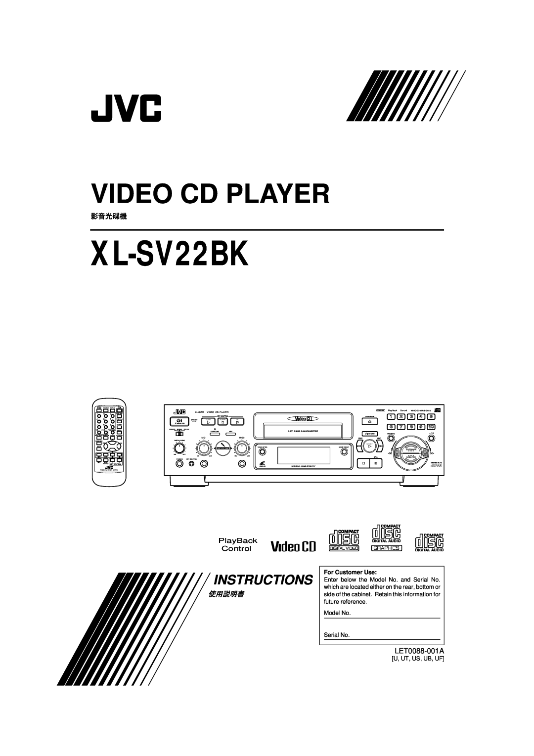 JVC LET0088-001A manual XL-SV22BK, Video Cd Player, Instructions 