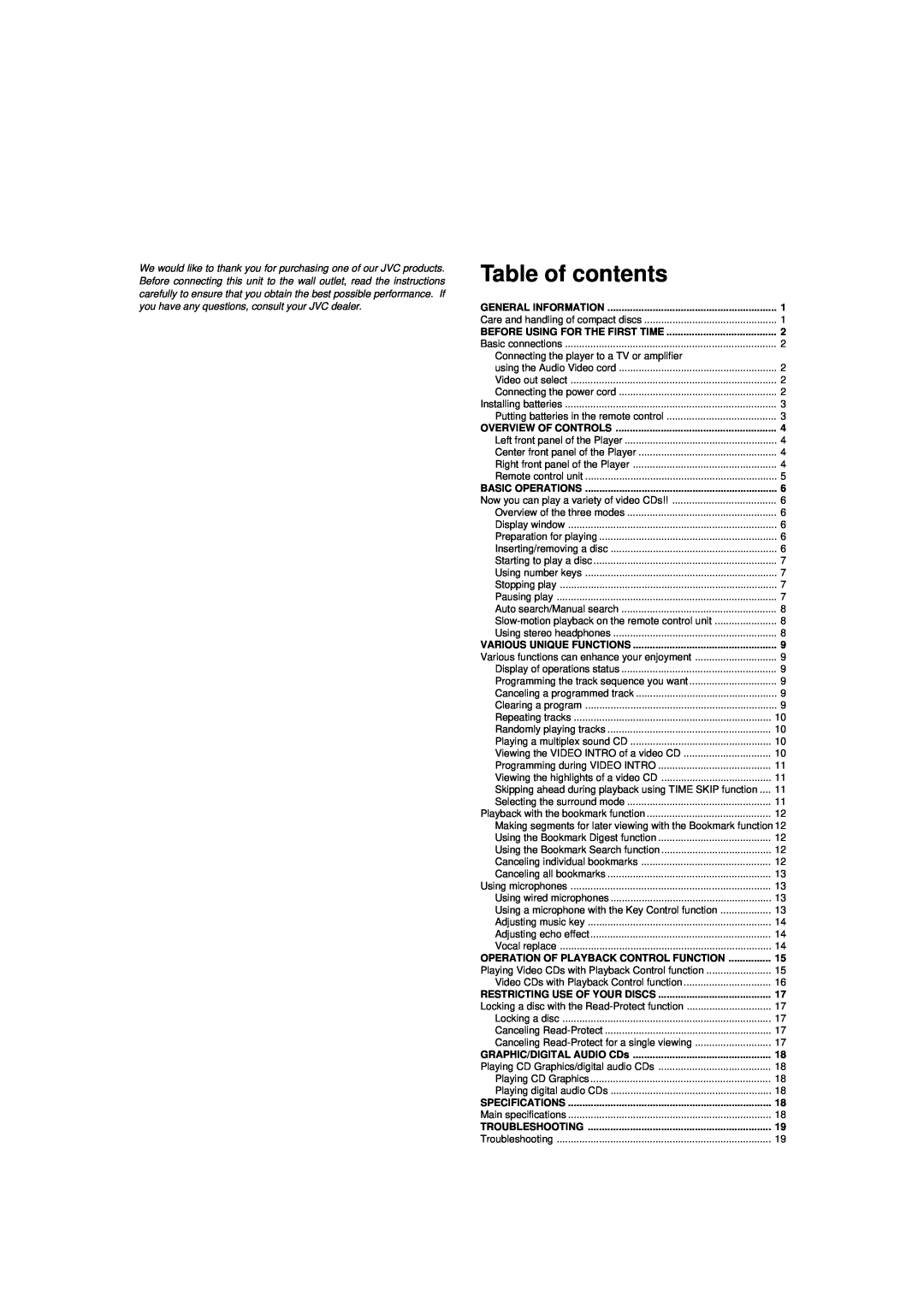 JVC XL-SV22BK, LET0088-001A manual Table of contents 