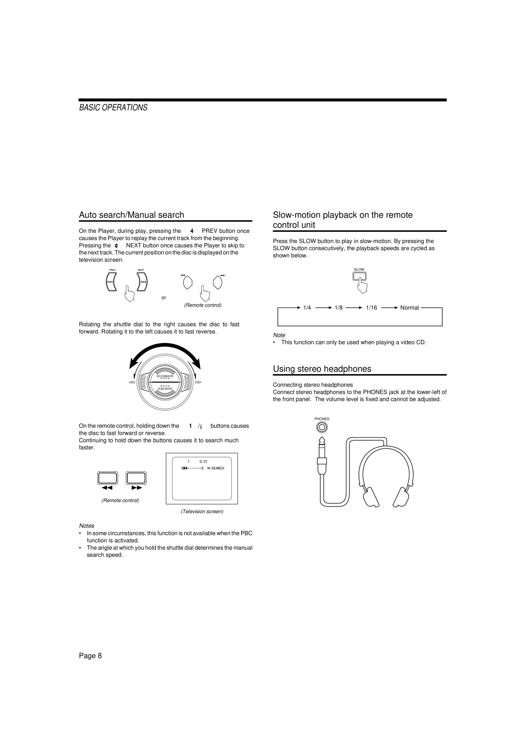 JVC XL-SV23GD manual Basic Operations, Auto search/Manual search, Slow-motion playback on the remote control unit 