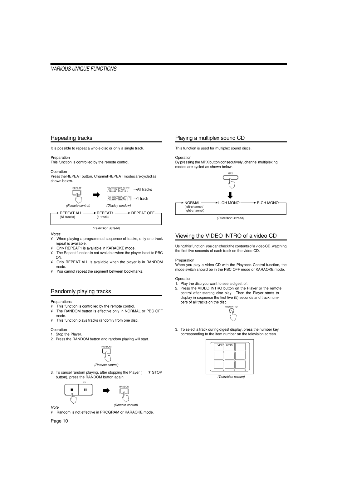 JVC XL-SV23GD manual Various Unique Functions, Repeating tracks, Randomly playing tracks, Playing a multiplex sound CD 