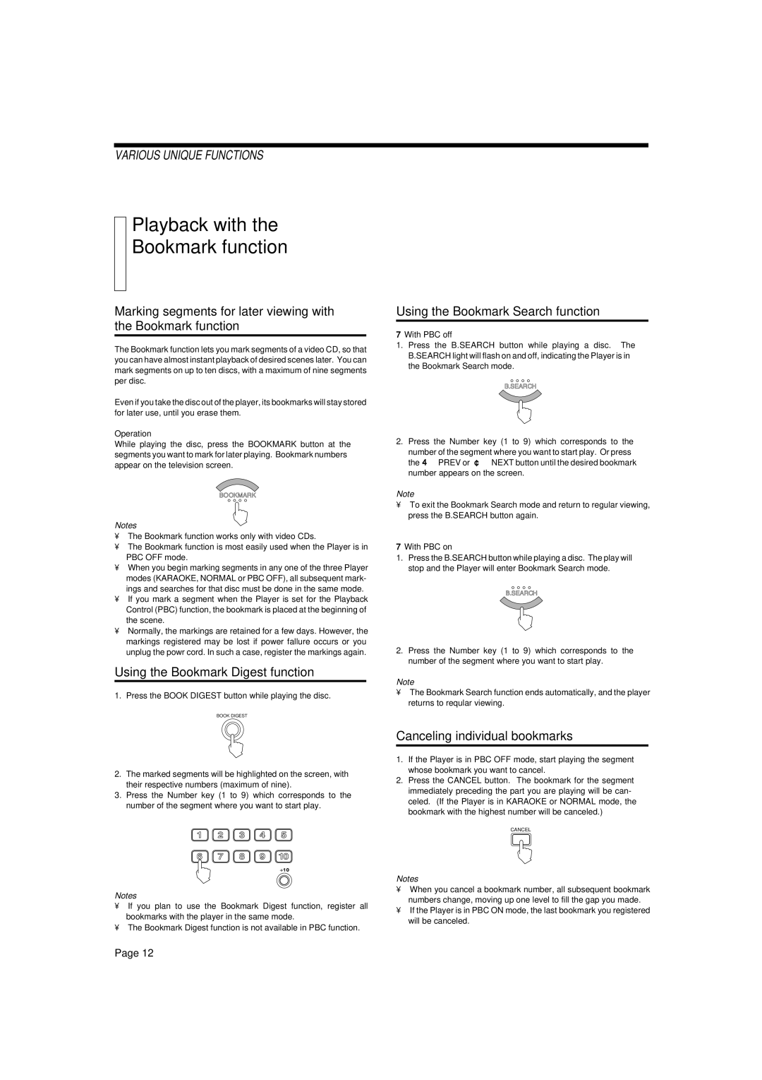 JVC XL-SV23GD Playback with Bookmark function, Using the Bookmark Digest function, Using the Bookmark Search function 