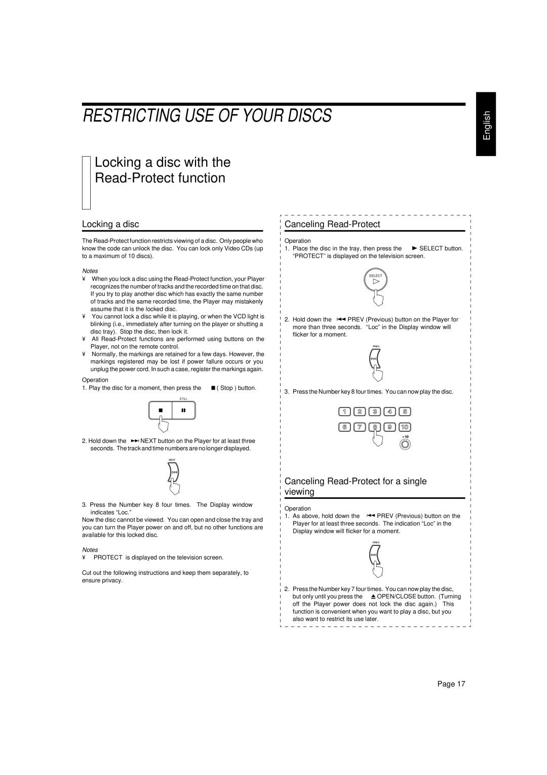 JVC XL-SV23GD manual Restricting USE of Your Discs, Locking a disc with Read-Protect function, Canceling Read-Protect 