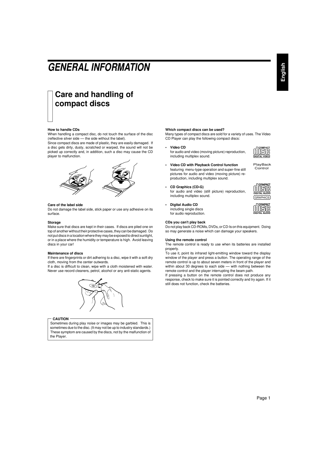 JVC XL-SV23GD manual Care and handling of compact discs 