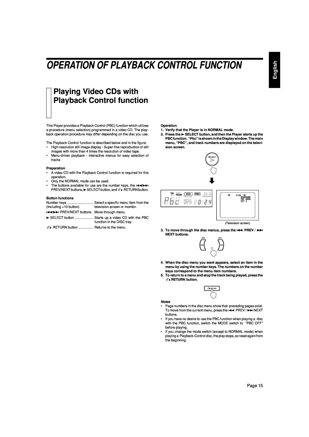JVC XL-SV23GD Operation Of Playback Control Function, Playing Video CDs with Playback Control function, English, Page 