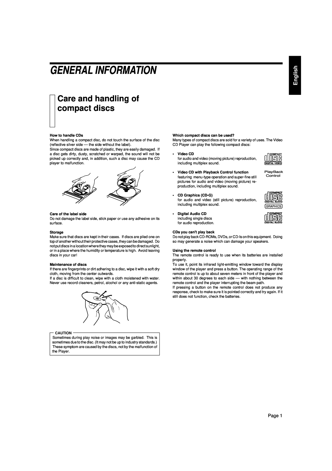 JVC XL-SV23GD manual General Information, Care and handling of compact discs, English, Page 