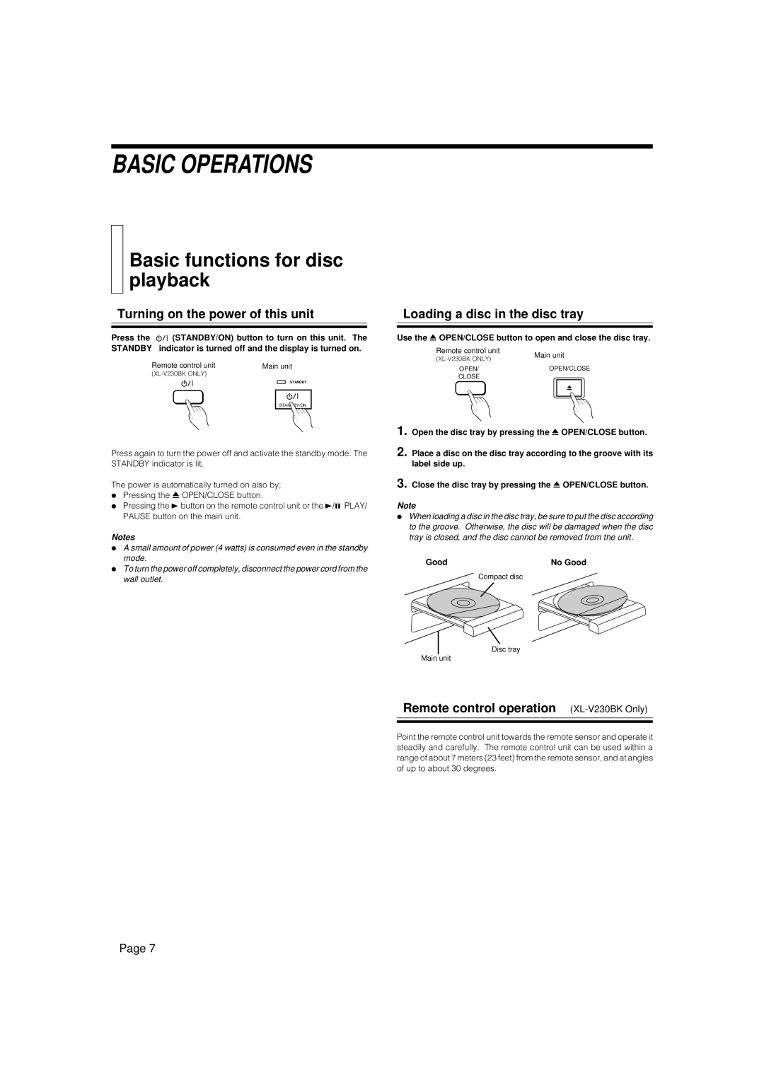 JVC XL-V130BK, XL-V230BK manual Basic Operations, Basic functions for disc playback, Turning on the power of this unit 