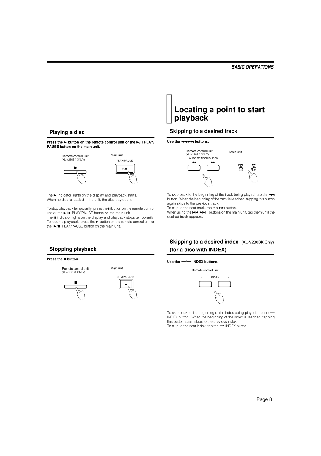 JVC XL-V230BK manual Locating a point to start playback, Playing a disc, Skipping to a desired track, Stopping playback 