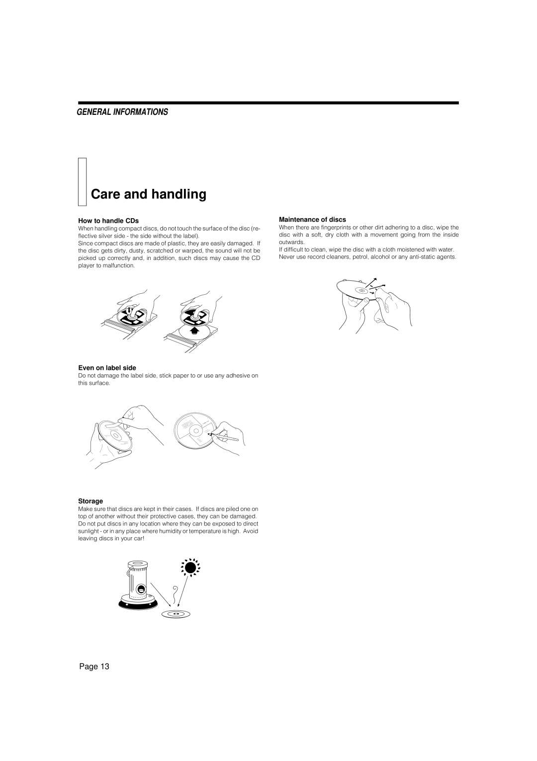 JVC XL-V130BK, XL-V230BK manual Care and handling, How to handle CDs, Even on label side, Storage, Maintenance of discs 