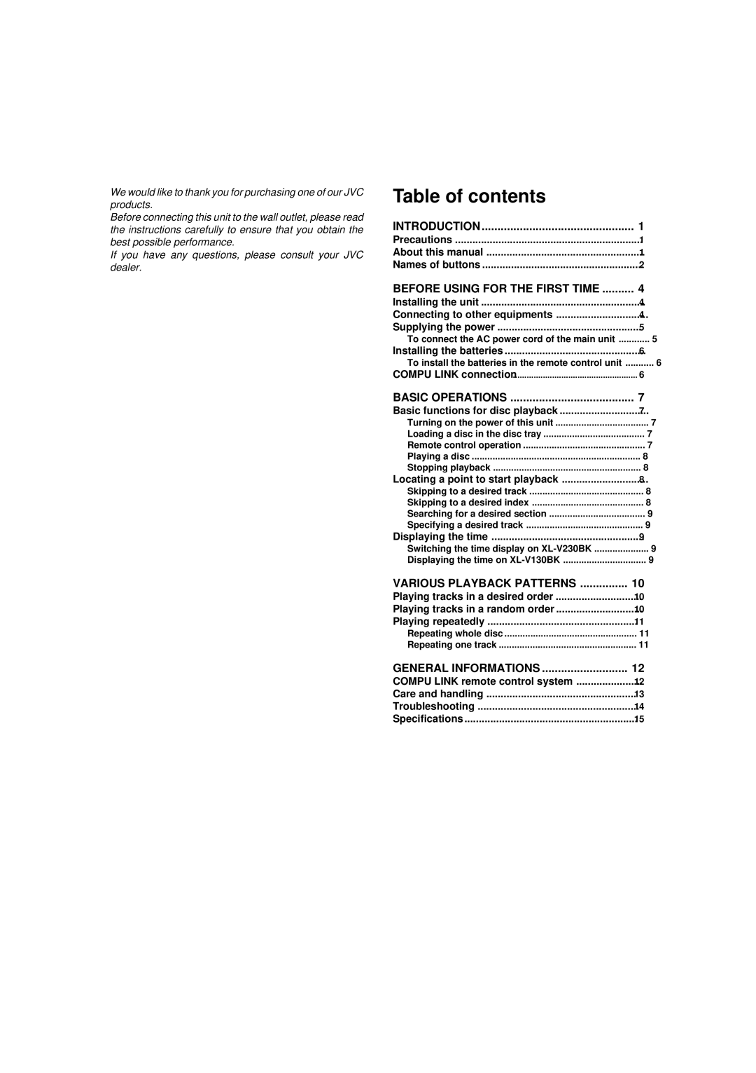 JVC XL-V230BK, XL-V130BK manual Table of contents 