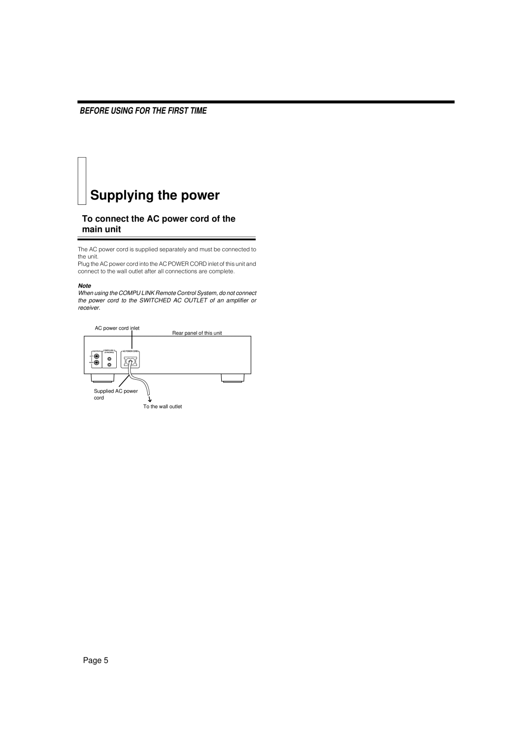 JVC XL-V130BK, XL-V230BK manual Supplying the power, To connect the AC power cord of the main unit 