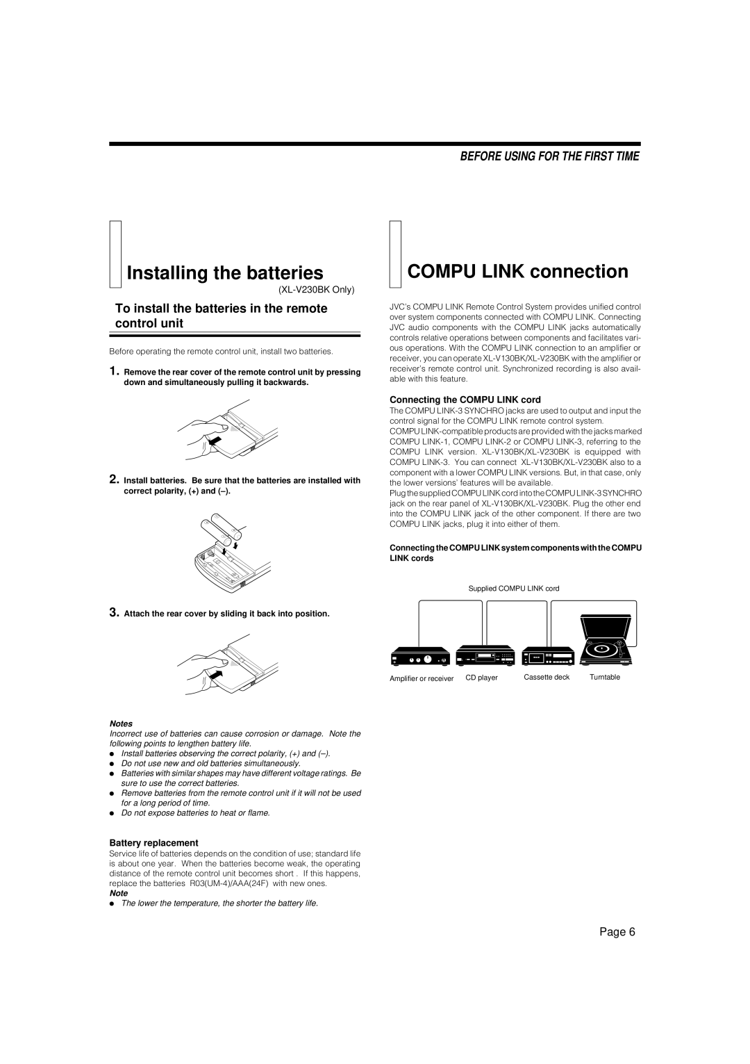 JVC XL-V230BK manual Installing the batteries, Compu Link connection, To install the batteries in the remote control unit 