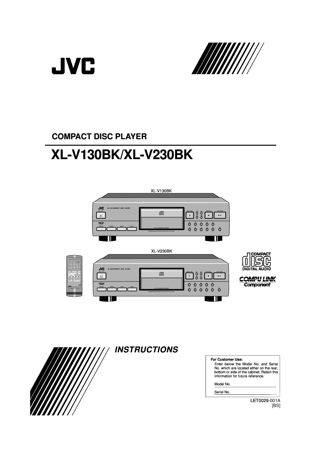 JVC manual Compact Disc Player, XL-V130BK/XL-V230BK, Instructions, LET0029-001ABS, XL-V130COMPACT DISC PLAYER 