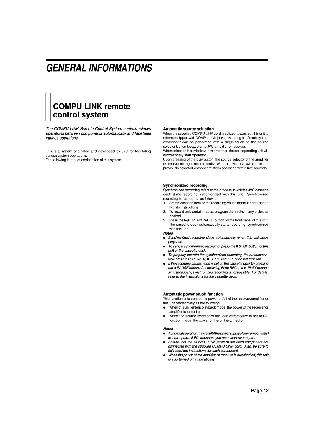 JVC XL-V230BK, XL-V130BK manual General Informations, COMPU LINK remote control system, Page, Automatic source selection 