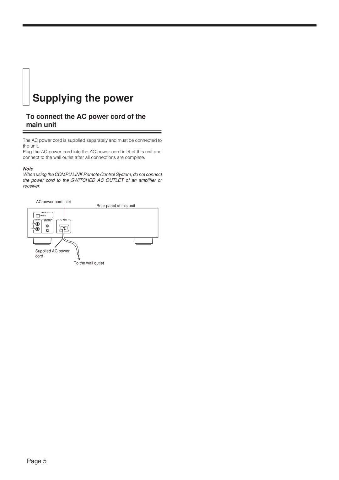 JVC XL-Z232BK, XL-Z132BK manual Supplying the power, To connect the AC power cord of the main unit 