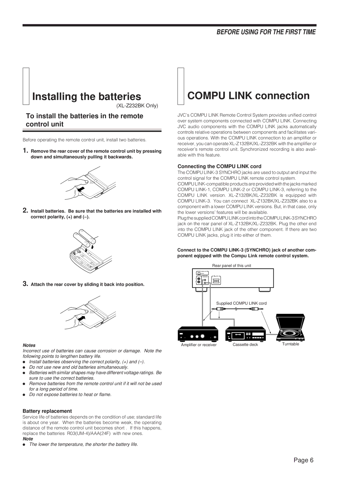 JVC XL-Z132BK manual Installing the batteries, Compu Link connection, To install the batteries in the remote control unit 