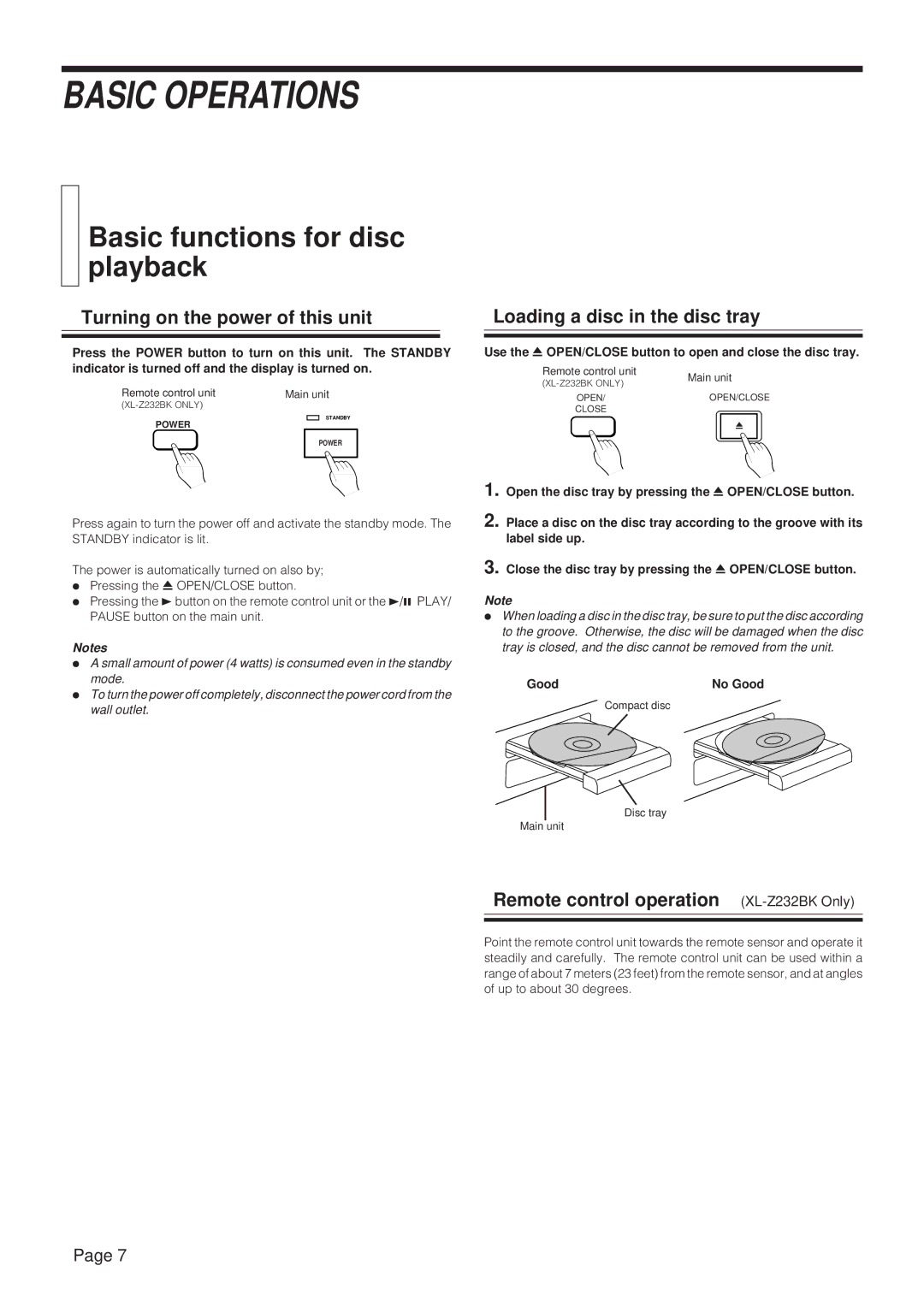 JVC XL-Z232BK, XL-Z132BK manual Basic Operations, Basic functions for disc playback, Turning on the power of this unit 