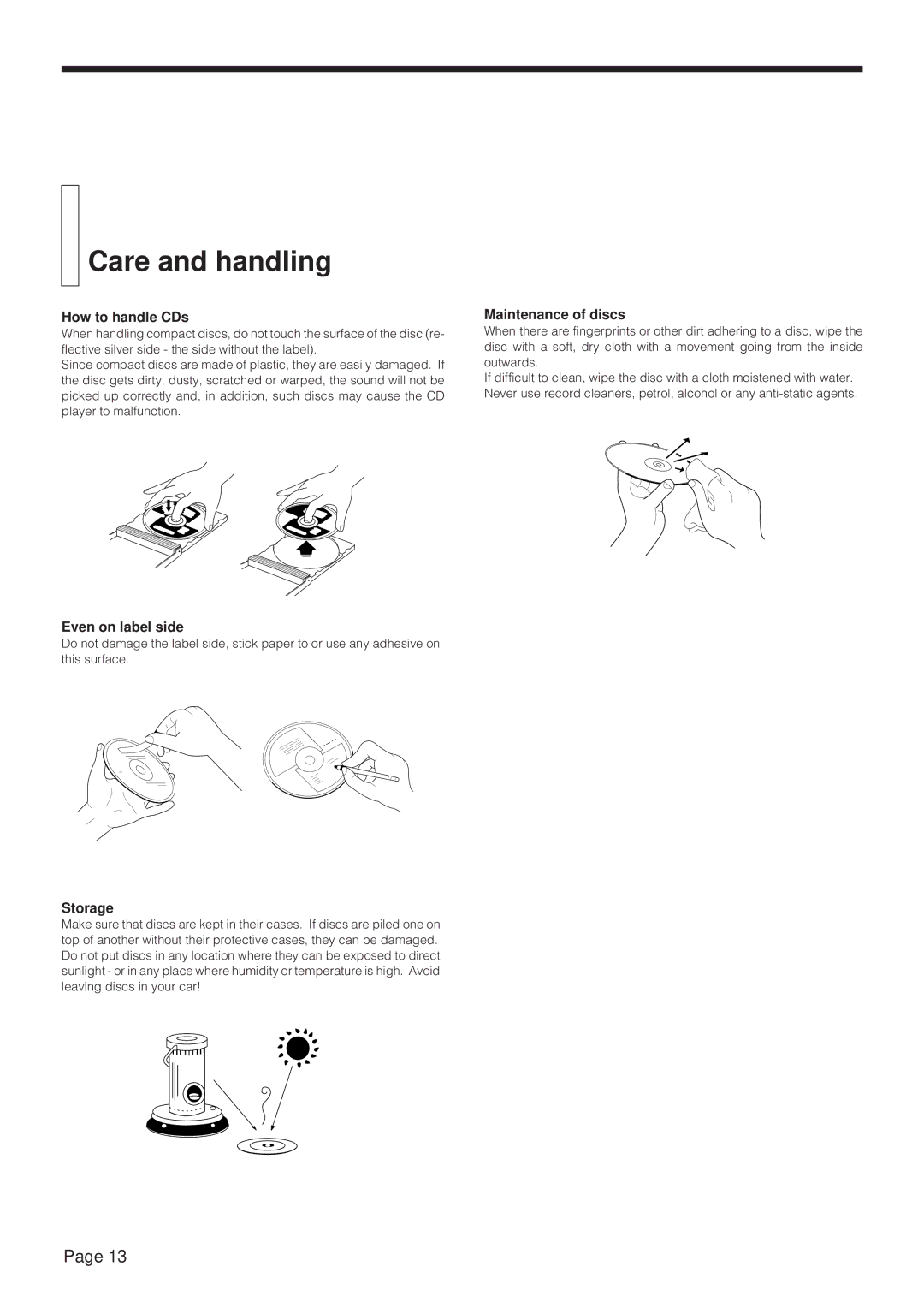 JVC XL-Z232BK, XL-Z132BK manual Care and handling, How to handle CDs, Even on label side, Storage, Maintenance of discs 