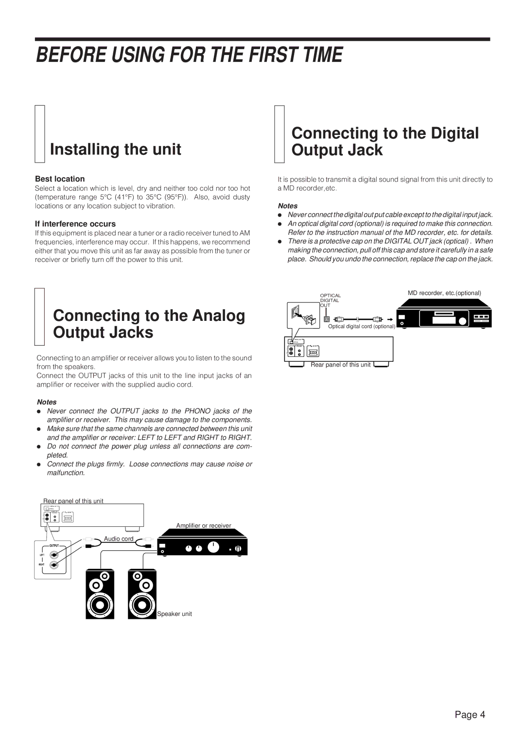 JVC XL-Z132BK, XL-Z232BK manual Before Using for the First Time, Installing the unit, Connecting to the Digital Output Jack 