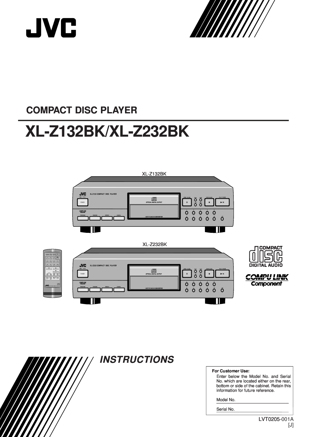 JVC manual Compact Disc Player, LVT0205-001AJ, XL-Z132BK/XL-Z232BK, Instructions, XL-Z132COMPACT DISC PLAYER, Power 
