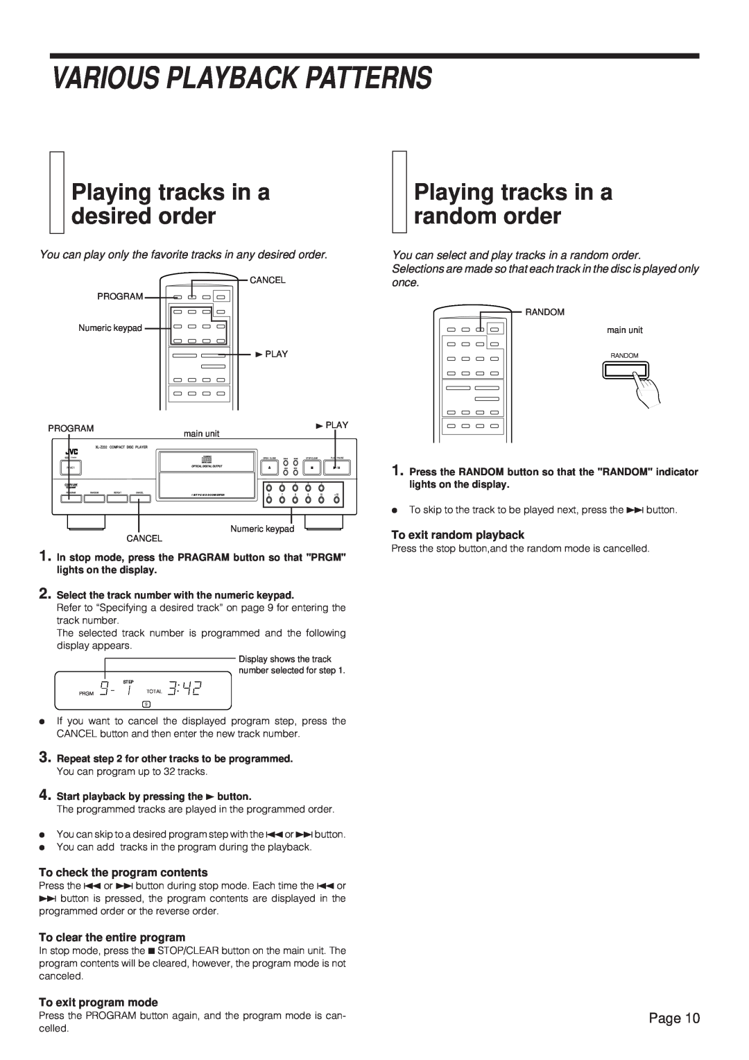 JVC XL-Z132BK manual Various Playback Patterns, Playing tracks in a desired order, Playing tracks in a random order, Page 