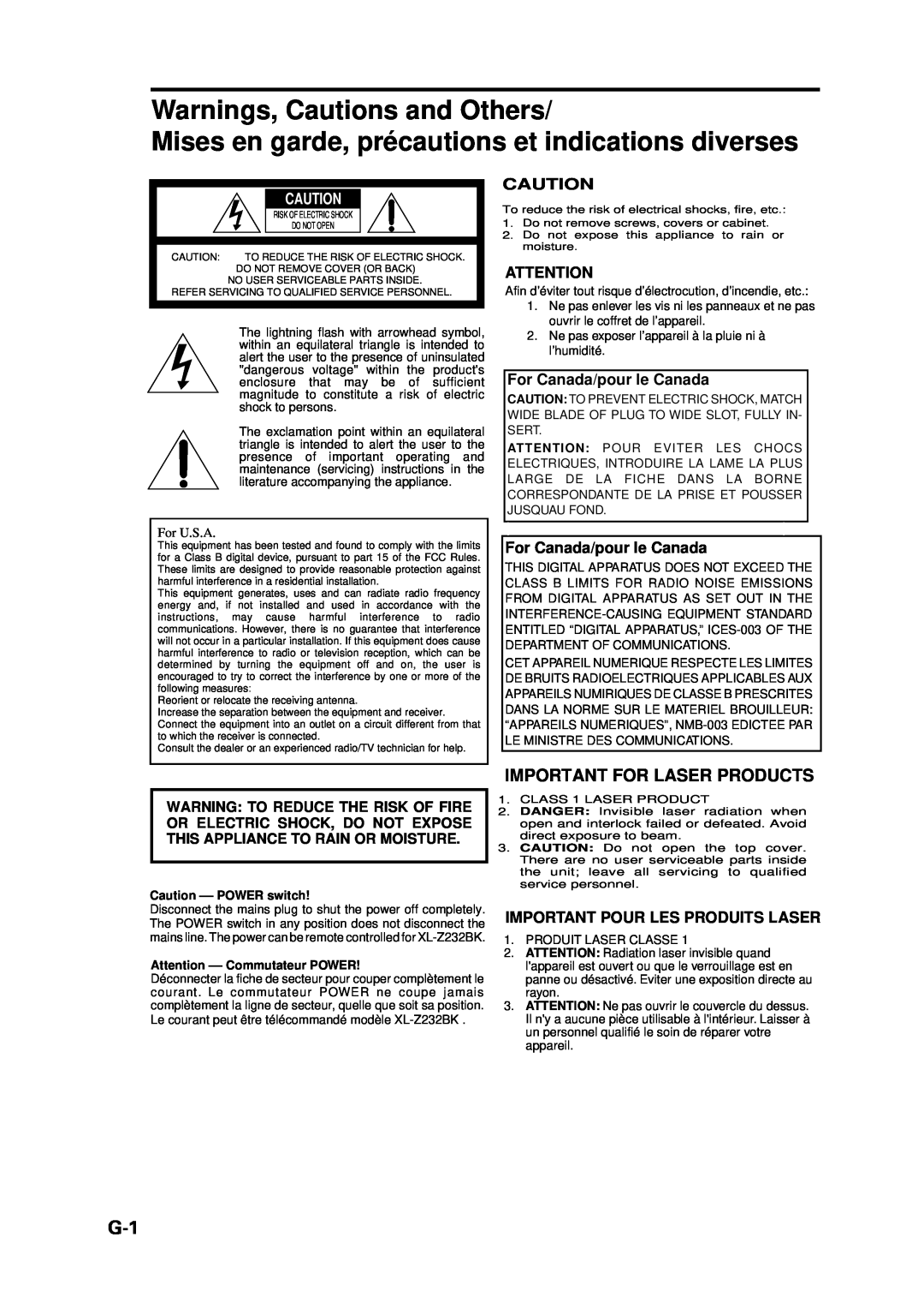 JVC XL-Z232BK, XL-Z132BK manual Important For Laser Products, For Canada/pour le Canada, Important Pour Les Produits Laser 