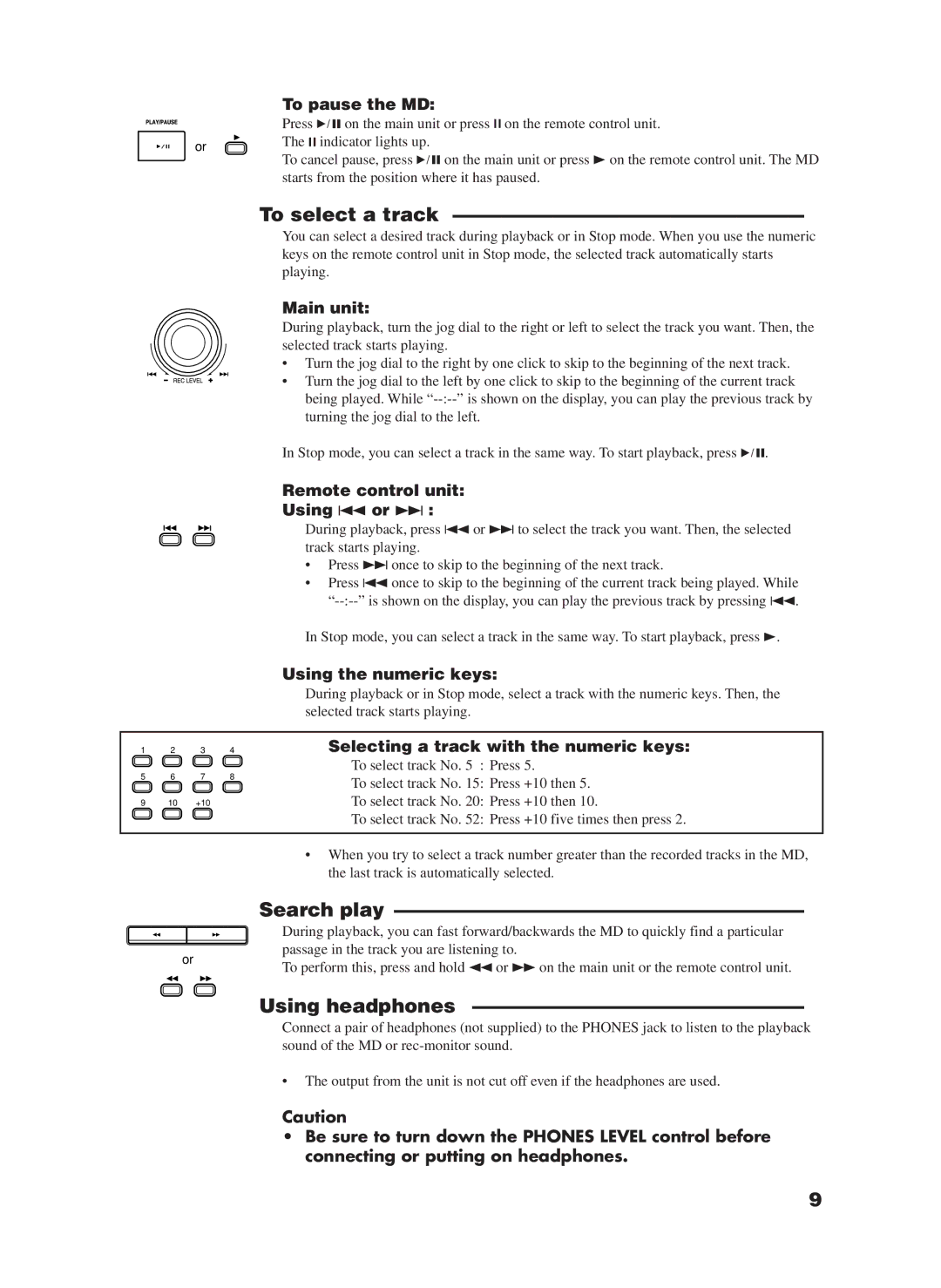 JVC XM-228BK manual To select a track, Search play, Using headphones 