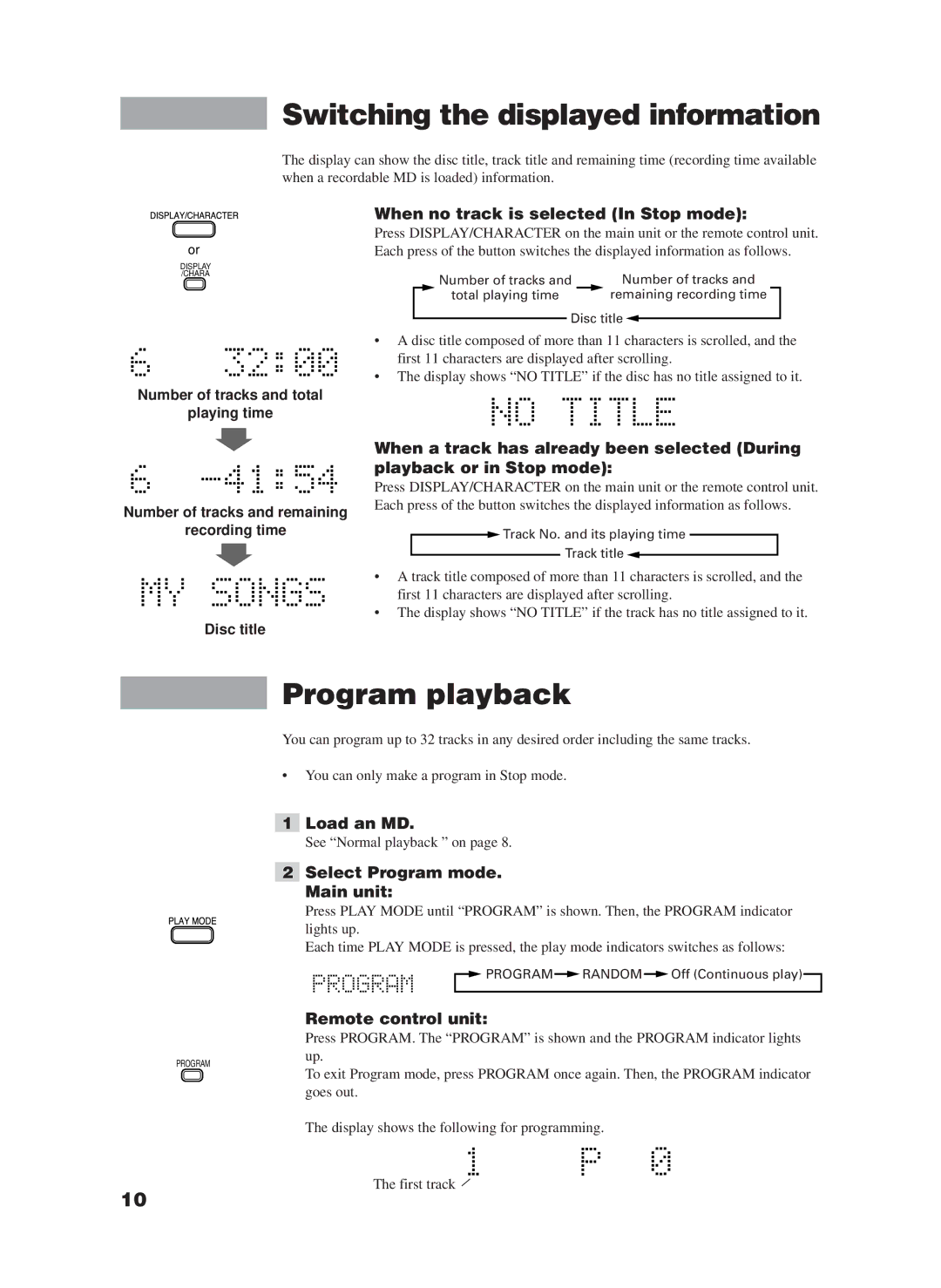 JVC XM-228BK manual Switching the displayed information, Program playback, When no track is selected In Stop mode 