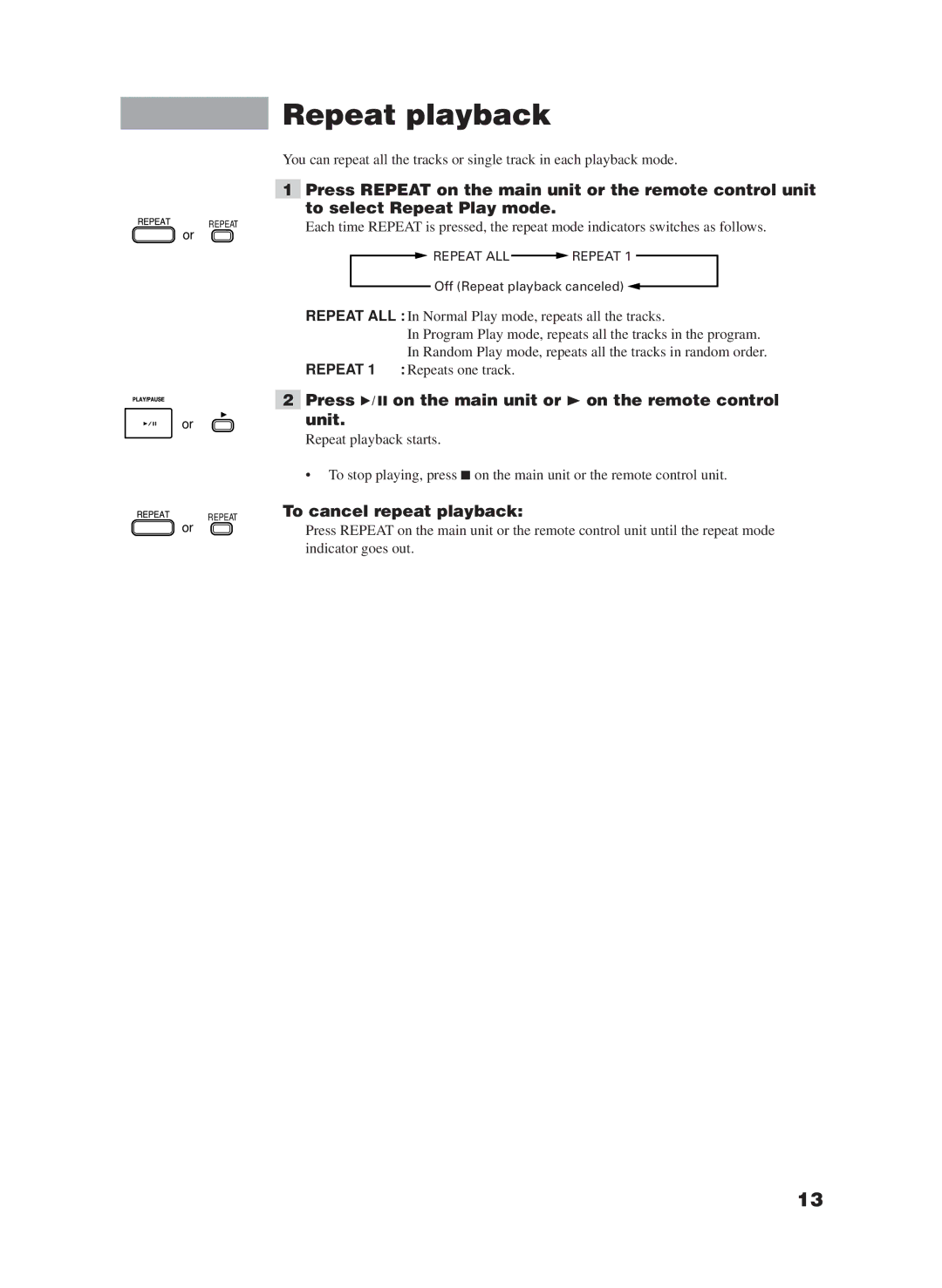 JVC XM-228BK manual Repeat playback, To cancel repeat playback 