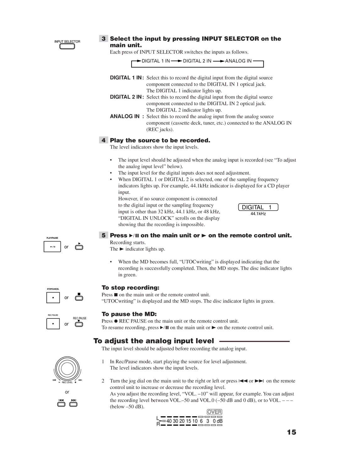 JVC XM-228BK manual To adjust the analog input level, Play the source to be recorded, To stop recording 