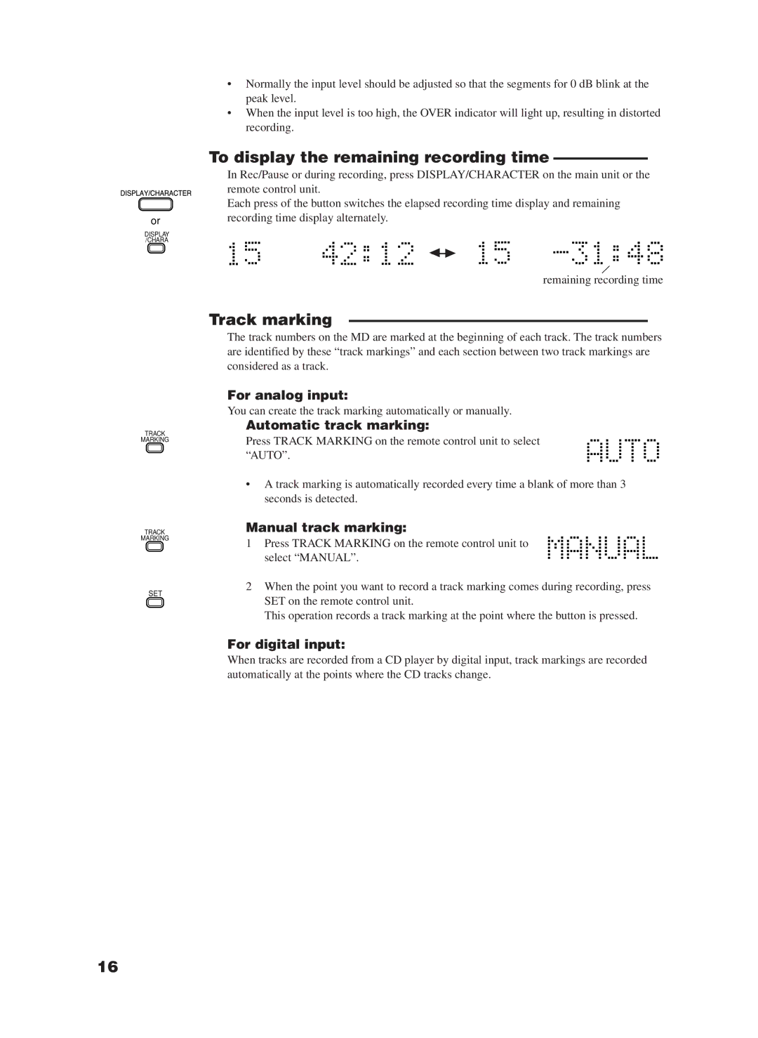 JVC XM-228BK manual To display the remaining recording time, Track marking 