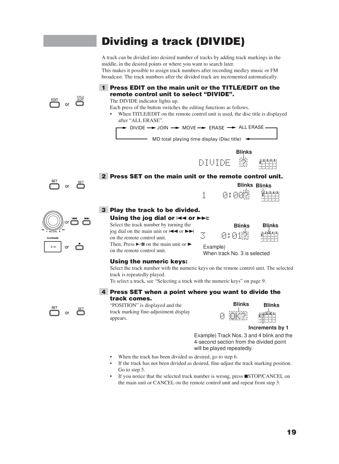 JVC XM-228BK manual Dividing a track Divide, Press SET on the main unit or the remote control unit 