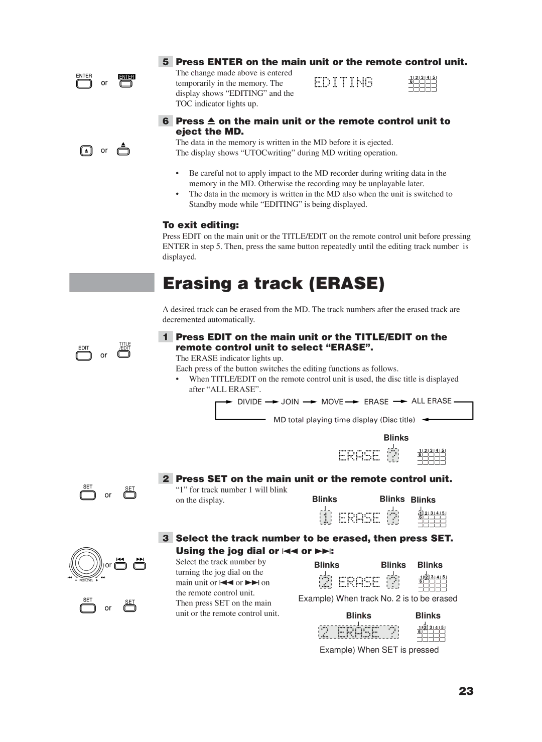 JVC XM-228BK manual Erasing a track Erase, Blinks Blinks Blinks 