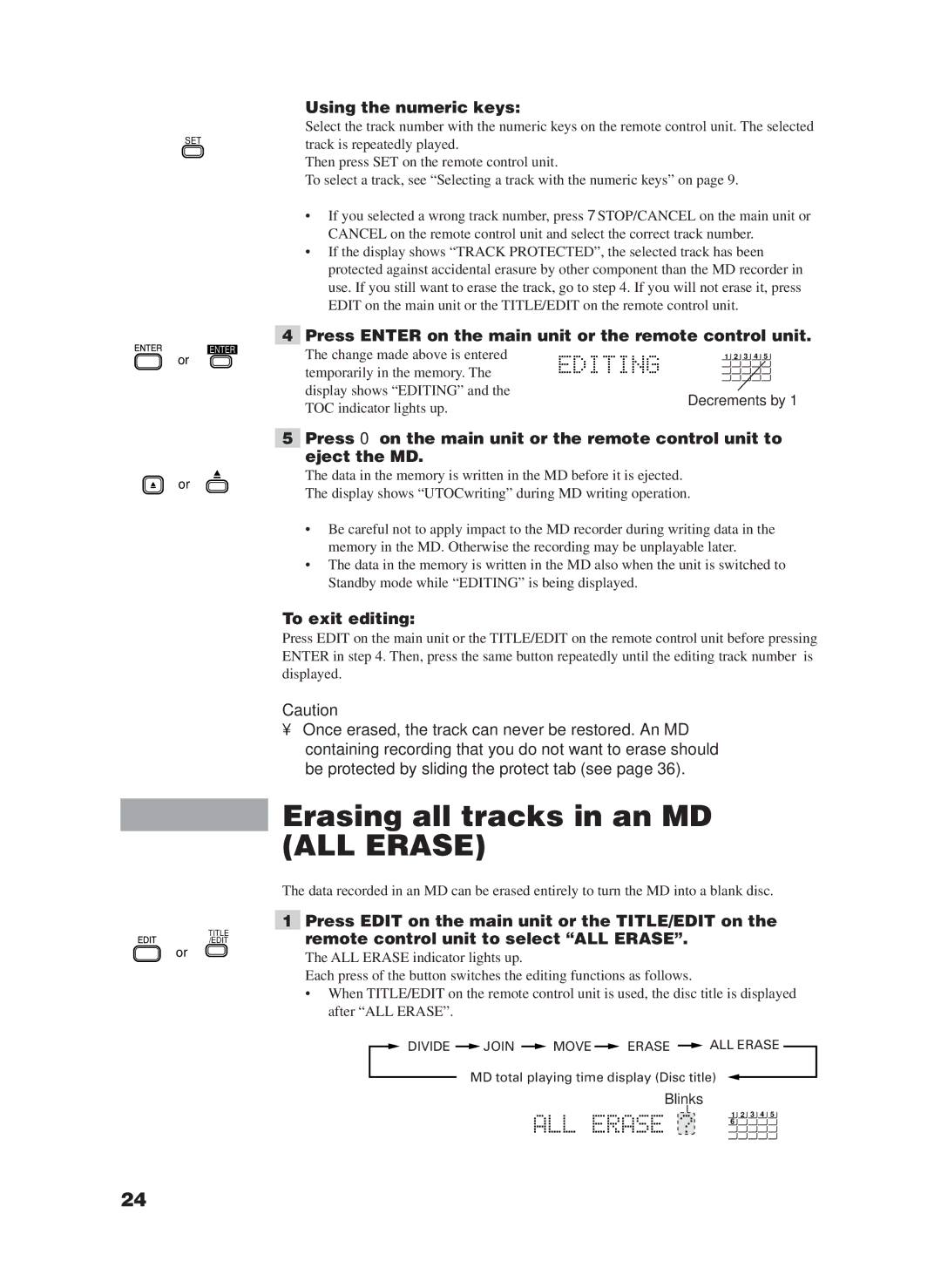 JVC XM-228BK manual Erasing all tracks in an MD ALL Erase, Decrements by 