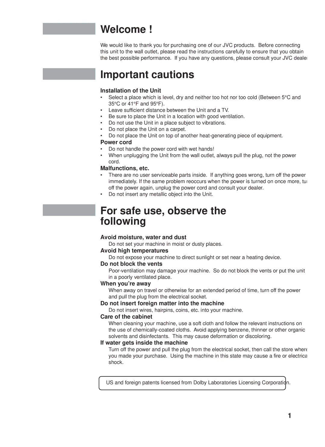 JVC XM-228BK manual Welcome, Important cautions, For safe use, observe the following 