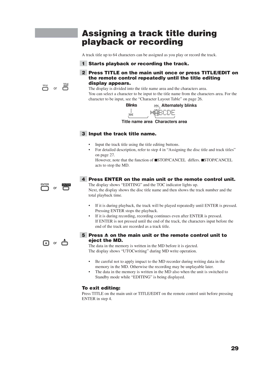 JVC XM-228BK manual Assigning a track title during playback or recording, Input the track title name 