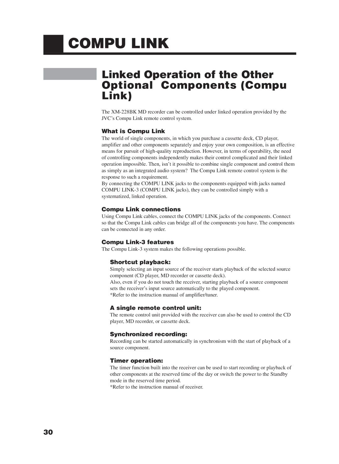 JVC XM-228BK manual Linked Operation of the Other Optional Components Compu 