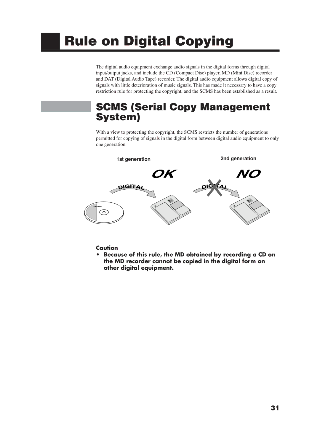 JVC XM-228BK manual Rule on Digital Copying, Scms Serial Copy Management System, 1st generation 2nd generation 