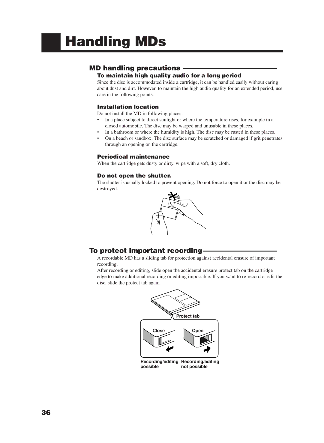 JVC XM-228BK manual Handling MDs, MD handling precautions, To protect important recording 