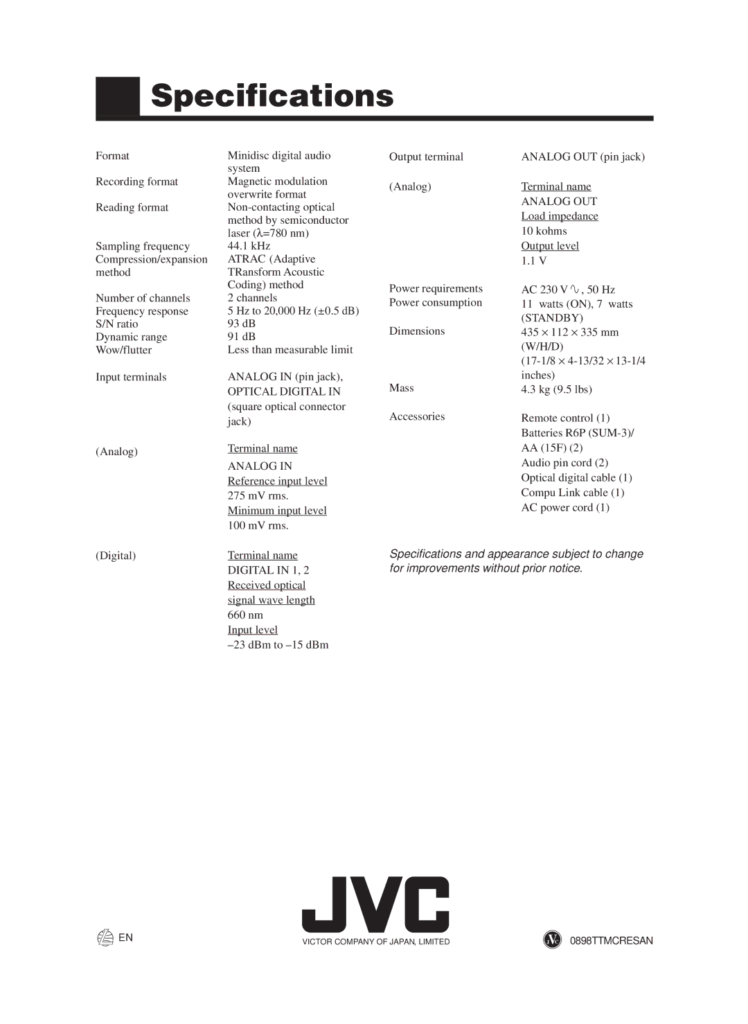 JVC XM-228BK manual Specifications, Analog 