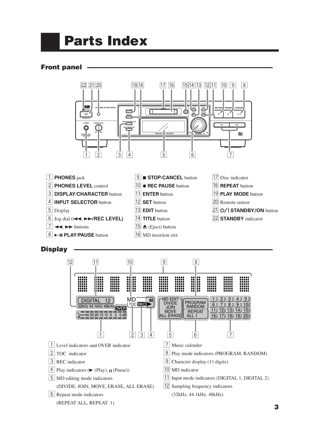 JVC XM-228BK manual Parts Index, Front panel, Display, Phones jack STOP/CANCEL button, 6PLAY/PAUSE button 